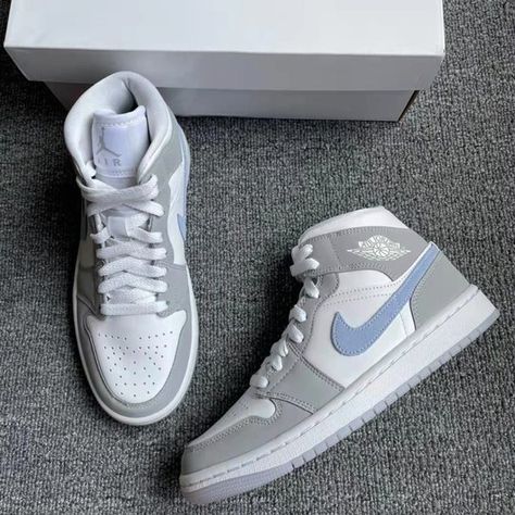 👣Air Jordan 1 Mid White Wolf Grey Blue hook women's shoes Outfits With Air Jordans, Jordan 1 Grey, Air Jordan 1 Mid Women, Wolf Grey Jordans, Blue Air Jordan 1, Air Jordan 1 Mid White, Jordan 1 Mid White, Nike Shoes Girls, Blue Jordans