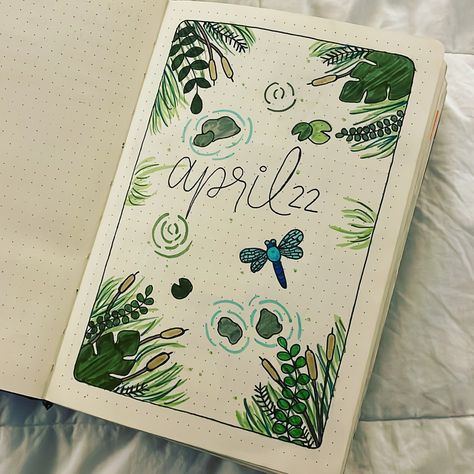 Pond Doodle, April Bullet Journal Cover, Spring Bullet Journal, Book Cover Page Design, April Bullet Journal, March Bullet Journal, Easy Mandala Drawing, Creating A Bullet Journal, Page Borders Design