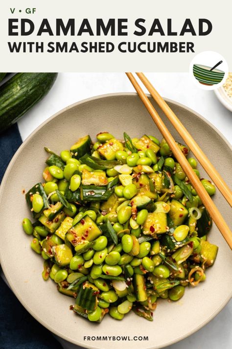 This Chinese-inspired Smashed Cucumber Salad is a great crunchy, tangy side dish to serve alone or paired with your favorite rice dish, noodles, or a few seaweed snacks. Gluten-free, Vegan. Smashed Cucumber Salad, Edamame Salad, Seaweed Snacks, Persian Cucumber, Chili Oil, Cucumber Salad, Edamame, Rice Vinegar, Rice Dishes