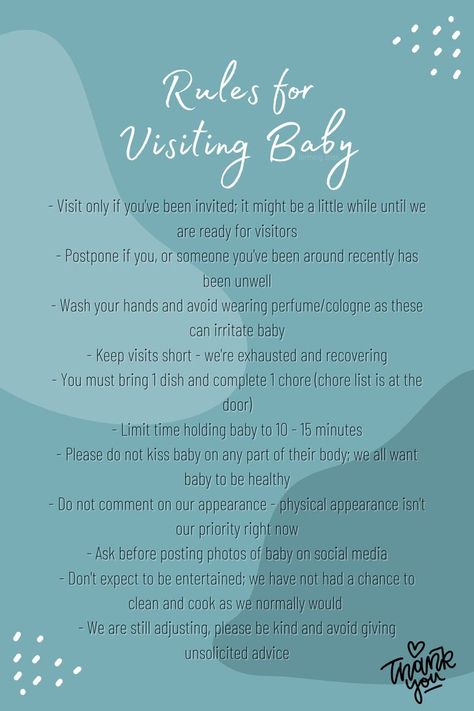 Rules and general guidelines for visiting baby are a great way to limit dangers to your new baby - be sure to send out your "rules" to your family and friends so they know what to expect when baby arrives ❣️ New Mom Rules, Rules For New Baby, Rules For Newborn Baby, Baby Rules For Family, Rules For Newborn, Visitor Rules For New Baby, Boundaries For New Baby, Hospital Rules For New Baby, Visiting Baby Rules