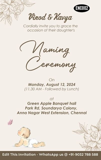 Baby Naming Ceremony Invitation Card Eiditing Online - ENC002 Baby Naming Ceremony Invitation Cards, Baby Naming Ceremony, Ceremony Invitation Card, Naming Ceremony Invitation, Online Cards, Ceremony Invitation, Baby Naming, Telugu Wedding, Marriage Invitations