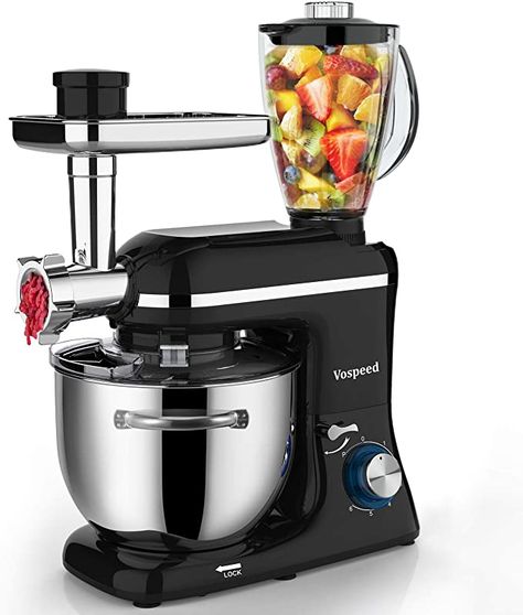 Amazon.com: Vospeed Stand Mixer Tilt-Head, 850W 7.5 QT 6 Speed Multi-function Electric Kitchen Mixer with Stainless Steel Bowl, Beater, Hook, Whisk, Meat Grinder & Juice Blender with 1.5L glass jar, Dishwasher Safe (Black): Kitchen & Dining Best Stand Mixer, Juice Blender, Baking Mixer, Electric Kitchen, Tilt Head, Juicing With A Blender, Kitchen Styles, Wooden Kitchen Utensils, Baking Essentials