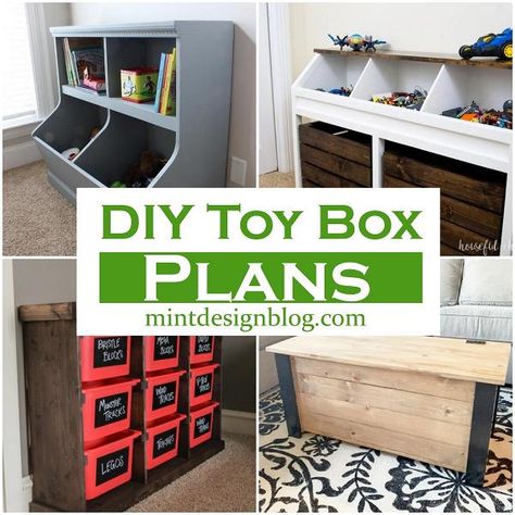 23 Free DIY Toy Box Plans To Make Today - Mint Design Blog Diy Toy Box Plans, Toy Box Plans, Playroom Seating, Awesome Woodworking Ideas, Wooden Toy Boxes, Toy Storage Solutions, Woodworking Box, Woodworking Toys, Woodworking Furniture Plans