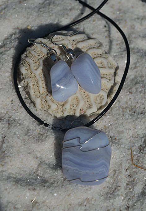 Blue Lace Agate Stone Earrings and Necklace on a Leather Cord Lace Agate Stone, Stone Properties, Jewelry Making Kits, Kim Deal, Earrings And Necklace, Tshirt Art, Minerals And Gemstones, Burgundy Sweater, Blue Lace Agate