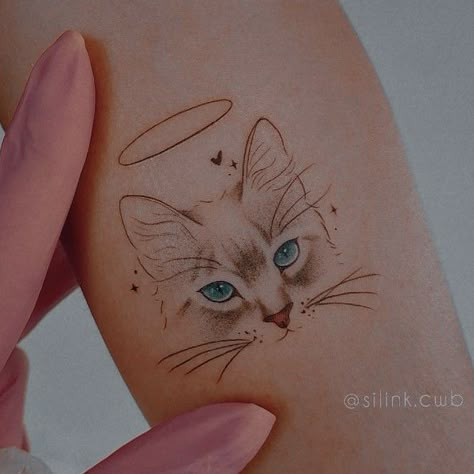 Cat Silhouette Tattoos With Flowers, Dangerous Tattoo Design, Cat Side Profile Tattoo, Passed Cat Tattoo, Cat Memorial Tattoo Ideas, Cat Tattoo Designs Memorial, Tattoos Of Cats, Memorial Cat Tattoos, Pet Cat Tattoo