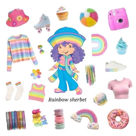 Rainbow Sherbet Outfit, Rainbow Sherbet Strawberry Shortcake, Blueberry Muffin Costume, Rainbow Sherbert, Strawberry Shortcake Outfits, Strawberry Shortcake Costume, Icon Pictures, Colored Characters, Soft Kidcore