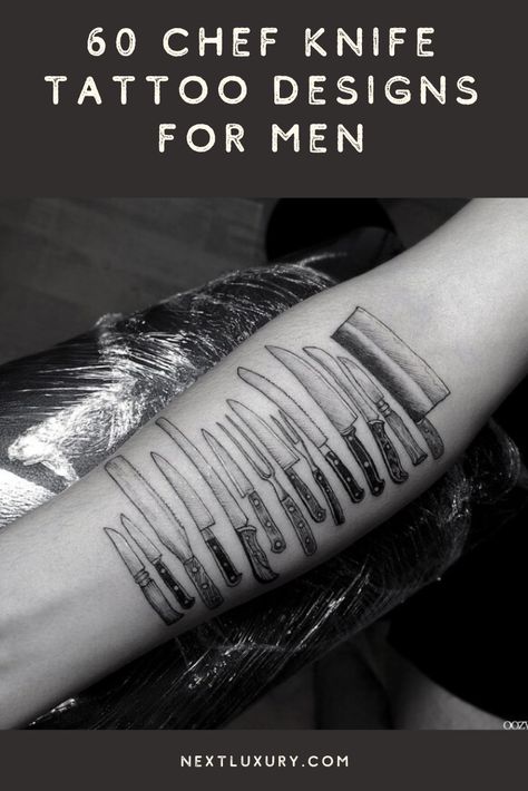 Culinary Tattoos Men, Cooking Tattoos For Men, Kitchen Tattoo Ideas Chef, Chef Inspired Tattoos, Yes Chef Tattoo, Chef Knife Tattoo Design, Kitchen Knife Tattoo, Chef Tattoo Ideas For Men, Chefs Tattoo