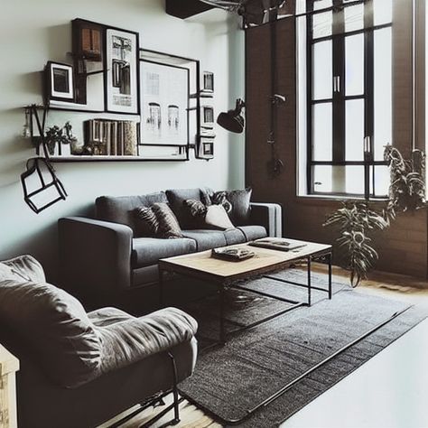 Bachelor Living Room Ideas, Grunge Living Room, Brown Living Room Color Schemes, Bachelor Living Room, Rustic Industrial Living Room, Bachelor Pad Living Room, Bachelor Apartment, Mini Home Gym, Modern Industrial Living Room