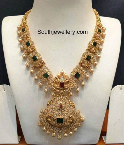 CZ Nakshi Haram photo Mango Jewellery, Mango Haram, Latest Jewellery Designs, Mango Mala, Mango Necklace, Peacock Necklace, Bangles Gold, Gold Necklace Indian, Diamond Wedding Jewelry