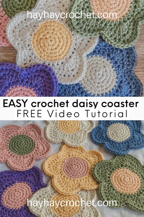 Crochet Washcloth Free, Hanging Craft Ideas, Crochet Coasters Free Pattern, Flower Coaster, Flower Coasters, Coaster Pattern, Granny Square Crochet Patterns Free, Crochet Stitches Guide, Hanging Craft