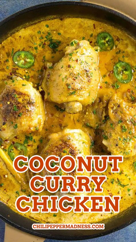 A big pan full of the delicious coconut curry chicken. Chicken Curry Sauce Recipes, Whole Chicken Curry, Coconut Milk Curry Recipes, Chicken Curries Recipes, Coconut Milk And Chicken Recipes, Recipes For Curry Chicken, Chicken Leg Curry, Curry Chicken Drumstick Recipes, Chicken In Coconut Sauce