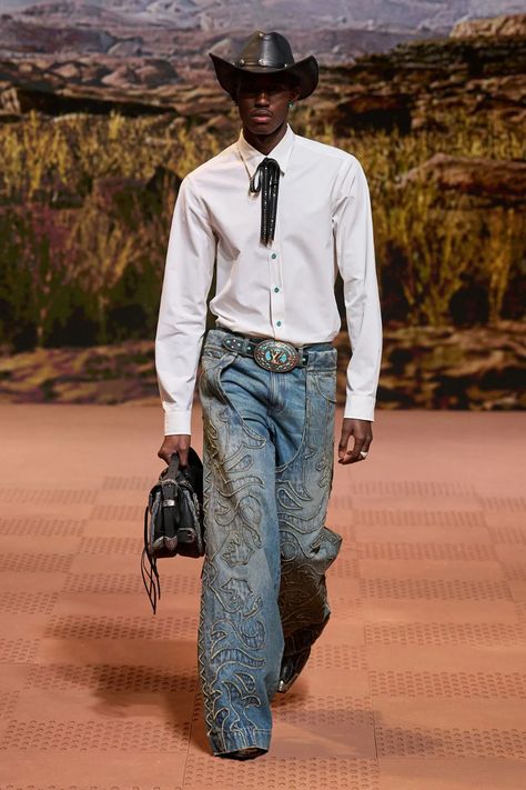 The Spring/Summer 2025 menswear cheat sheet | Vogue Business High Fashion Men, Cowboy Costume, Rodeo Outfits, Men Fashion Show, Gareth Pugh, Cowboy Outfits, Mens Outfit Inspiration, Cowboy Style, Pharrell Williams