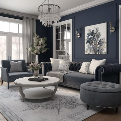 Navy Living Rooms, Sitting Room Decor, Classy Living Room, Blue Living Room Decor, Grey Sofa, Diy Christmas Decorations, Blue Living Room, Blue Rooms, Living Room With Fireplace