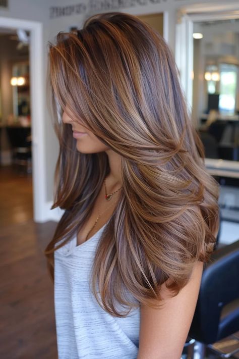 35 Brown Cinnamon Hair Color Ideas That Look Amazing On Everyone Hair Color Ideas For Warm Skin Tone, Brunette To Auburn, Hair Color Caramel Brown, Copper Caramel Hair, Red Brown Blonde Hair, Cinnamon Spice Hair Color, Hair Color Ideas For Brown Hair, Warm Honey Highlights, Warm Golden Brown Hair