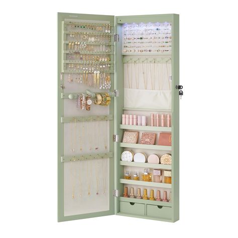 PRICES MAY VARY. [Specialized Jewelry Cabinet] You deserve this well-constructed and designed jewelry cabinet from SONGMICS. The solid MDF body is for long-term use and the full-length mirror is framed to avoid leaving fingerprints on it every time you use the cabinet [Auto LED Lights] The 6 LED lights inside the cabinet emit cozy, soft lighting when you open the cabinet door, helping you pick out the right jewelry easily without waking up your loved one (the LED lights are powered by 3 AAA batt Jewelry Organizer Aesthetic, Auto Led Lights, Mirror With Drawers, Jewelry Wall Organizer, Jewelry Armoire Makeover, Mirror Jewelry Cabinet, Necklace Hooks, Laurel Green, 32 Necklace