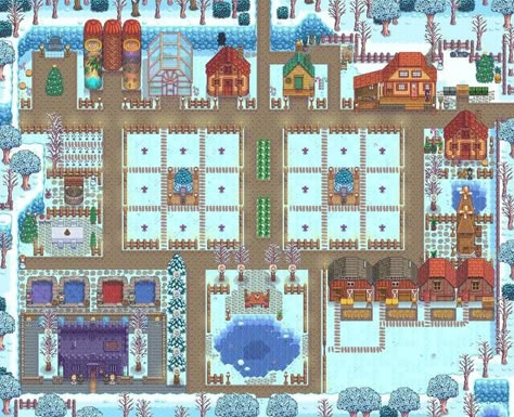 Stardew Valley Winter Farm, Standard Farm Layout Stardew, Sun Haven Game, Stardew Valley Winter, Stardew Valley Standard Farm Layout, Stardew Decoration, Stardew Valley Farm Layout Standard, Stardew Tips, Stardew Layout