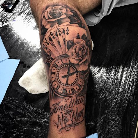 7,790 Likes, 48 Comments - △✈️🗺JM (@mendozajeffry) on Instagram: “Friday ☕️ #VAtattoostudio #visualarttattoostudio #JMendoza #keepmoving #neverstop #justhustle…” Clock Tattoo Ideas, Tattoo Ideas Leg, Card Tattoos, Lock Tattoo, Money Tattoo, Clock Tattoo Design, Forarm Tattoos, Roses Tattoo, Watch Tattoos