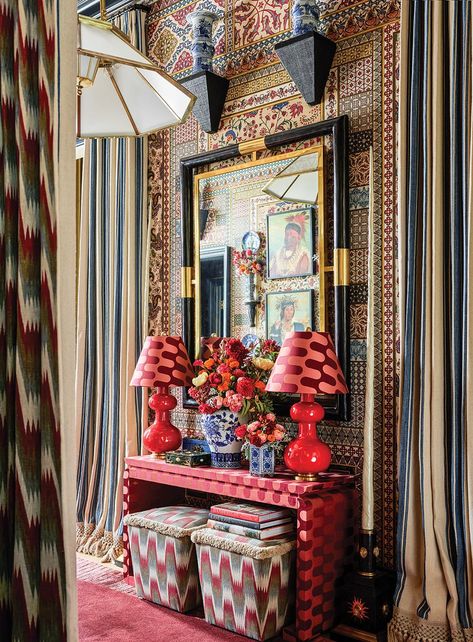 Flower Magazine Showhouse Entrance Hall vignette Home Entrance Art, Eclectic Mudroom Entryway, Wallpaper Entrance Hall Entryway, Maximalist Hallway Decor, Entryway Maximalist, Entryway Ideas Maximalist, Desert Maximalism, Maximalist Entryway Decor, Cluttered Entryway