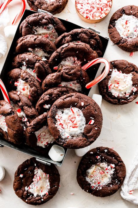 Peppermint Mocha Marshmallow Cookies Peppermint Chocolate Shortbread, Marshmallow Cookies Christmas, Cocoa Peppermint Cookies, Double Chocolate Smores Cookies, Marshmallow Cream Cookies, Peppermint Marshmallow Cookies, Marshmallow Christmas Cookies, Peppermint Kiss Cookies Recipe, Peppermint Hot Chocolate Cookies