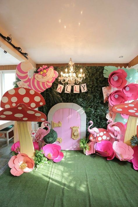 Kids birthday party decorating ideas, cute birthday party decorating inspo, beautiful birthday decor ideas, pink birthday decor ideas Alice And Wonderland Party Backdrop, Alice In Wonderland Party Set Up, Yea Party Alice In Wonderland, Alice In Wonderland Party Props, Alice In Wonderland 1st Birthday Party Ideas, Alice In Wonderland Theme Decoration, Alisa In Wonderland Decoration, Alice In The Wonderland Party Decoration, Alice In Wonderland Two Year Old Party