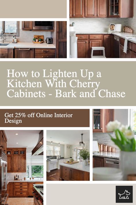 Traditional Kitchen Cherry Cabinets, Updated Cherry Wood Kitchens, Cherry Cabinets With Wood Floors, White Kitchen Cabinets With Dark Trim, How To Make Cherry Cabinets Look Farmhouse, Cherry Kitchen Cabinets 2023, Small Kitchen Cherry Cabinets, Modern Kitchen With Cherry Wood Cabinets, How To Tone Down Cherry Cabinets