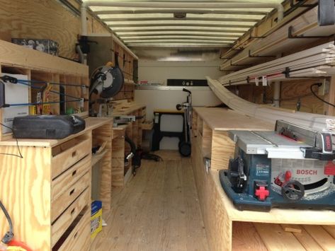 Trailer Layout, Workshop Trailer, Trailer Workshop, Workshop Organisation, Trailer Shelving, Work Truck Storage, Shipping Container Workshop, Tool Trailer, Van Shelving