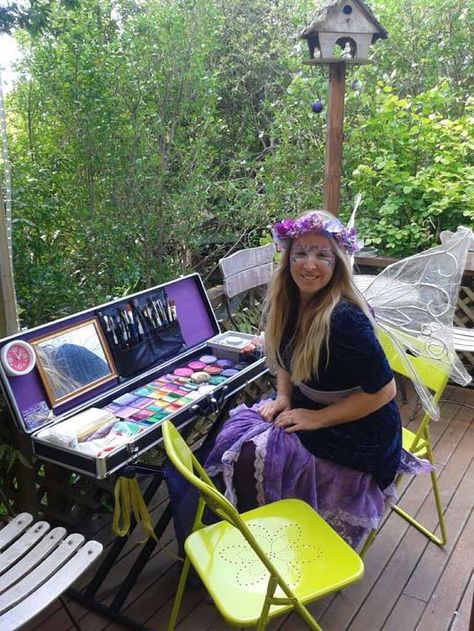 Fairy Mellie face paint set up. Face Painting Station Wedding, Face Painting Party Station, Face Painting Station Party Ideas, Face Painting Stall Ideas, Face Painting Setup, Face Painting Display Board, Face Painter Set Up, Face Painting Set Up Ideas, Face Paint Set Up