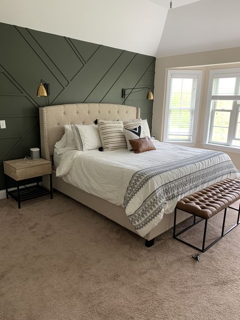 Behr Basswood Paint, Black Nightstand Green Wall, Black Accent Wall Green Bedding, Green Tan Bedroom Ideas, Accent Wall Bedroom Paint Design, Black Bamboo Behr Paint, Black Wainscoting Bedroom, Master Bedrooms Decor Modern Romantic, Green Master Bedrooms Decor