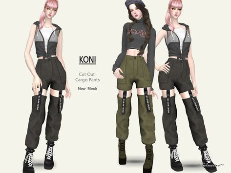 Helsoseira's KONI - Cut Out Cargo Pants Sims 4 Techwear, Sims 4 Cc Cargo Pants, Sims 4 Cc Clothes, Ts4 Clothes, Cc Clothing, Sims 4 Cc Shoes, Sims 4 Dresses, Sims 4 Characters, Sims4 Clothes