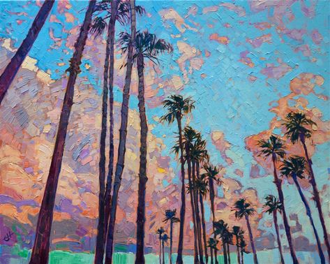 San Diego palms dance along the coast in this expressive oil painting. The brush strokes capture the movement and life of the outdoor scene. Billowing coastal clouds catch the soft colors of early morning. California Painting Ideas, California Impressionism, Palm Painting, California Painting, Canvas Wall Art Abstract, American Impressionism, Erin Hanson, Palm Trees Painting, Contemporary Impressionism