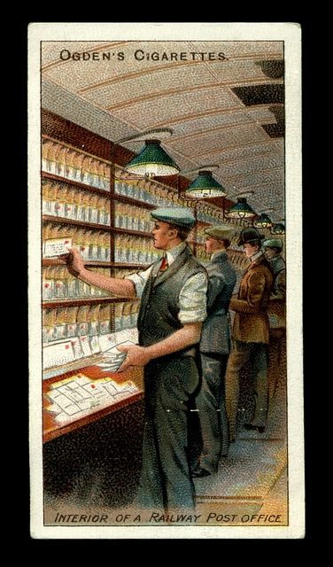 Cigarette Card - Inside a Railway Post Office Ogden's Cigarettes "Royal Mail" - #33 Interior of a railway Post Office Post Office Aesthetic, Post Office Illustration, Post Office Interior, Vintage Post Office, Old Post Office, Rural Village, Going Postal, Postal Worker, Mail Post