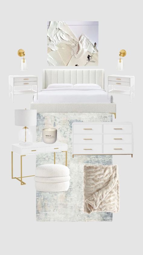 dream room 💗 Neutrals Bedroom Ideas, White Bedroom Navy Accents, White And Gold Modern Bedroom, Elle Woods Room Aesthetic, Pink Inspired Room, Preppy Headboards, Costal Room Ideas, Gold Room Decor Bedroom, White And Gold Room Aesthetic