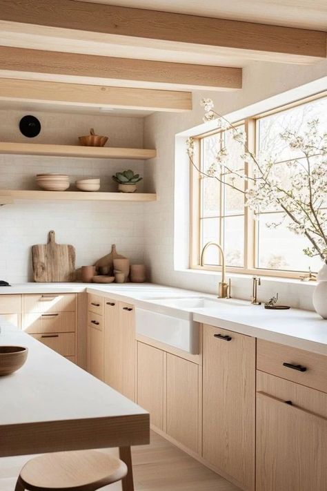 "Create a bright and airy space with a Scandinavian-Inspired Kitchen! 🍳🌿 Perfect for embracing minimalism, natural light, and clean lines. 🌟✨ #ScandinavianKitchen #MinimalistDecor #HomeInspiration" Nordic Cozy Interior, Kitchens Scandinavian Style, Light Wood White Kitchen, Small Airy Kitchen, Light Wood Cabinets White Countertops, Modern Natural Kitchen, Scandinavian Farmhouse Kitchen, Small Scandinavian Kitchen, Scandinavian Cabin Interior