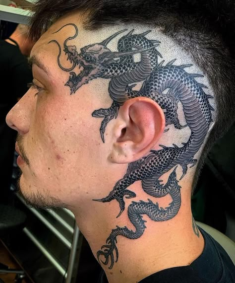 💈🔥🔥🔥TATTOOS BY @jacobdoneytattoo 🔥🔥🔥💈 * * * * * * * * * * * * * * #_traditional_tattoos #besttradtattoos #oldlines #tradworkers… | Instagram Cyberpunk Head Tattoo, Rose Tattoo Behind The Ear, Dragon Neck Tattoo, Tattoo Behind The Ear, Asian Mythology, Dragon Head Tattoo, Scalp Tattoo, Dragon Tattoo Ideas, Dragon Tattoo For Women