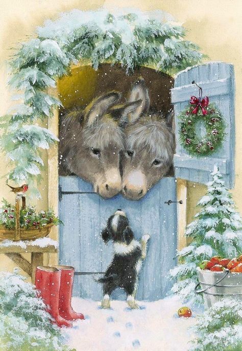 Hazel Lincoln, Paintings Christmas, Christmas Donkey, Armenian Culture, Christmas Scenery, Christmas Illustrations, Christmas Artwork, Vintage Christmas Images, Robin Bird