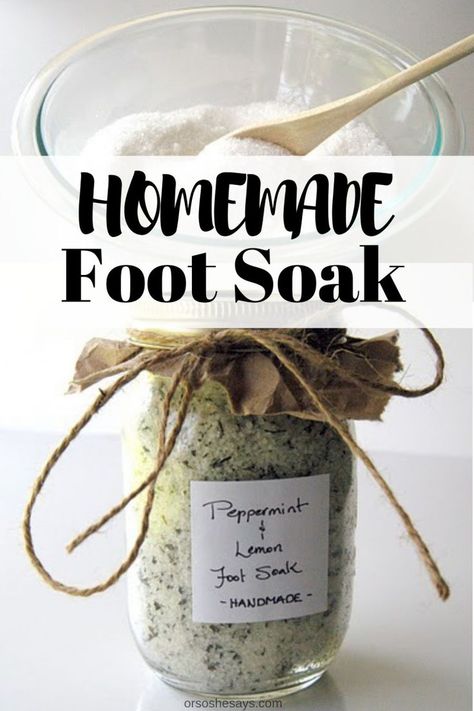 This homemade foot soak makes a great gift! www.orsoshesays.com #homemadefootsoak #naturalproducts #footsoak #gifts #giftsforneighbors #neighborgifts #giftsforwomen Homemade Foot Soaks, Diy Foot Soak, Foot Soak Recipe, Skincare Shop, Diy Gifts To Make, Yule Gift, Foot Soak, Homemade Soap Recipes, Diy Spa