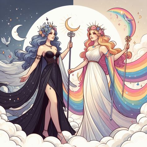 Goddess Oc Drawing, Rainbows Drawings, Goddess Poses Drawing, 2 Sisters Aesthetic, Pisces Aesthetic Outfit, Star Goddess Art, Moon Personified, Magical Poses, Goddess Of Air