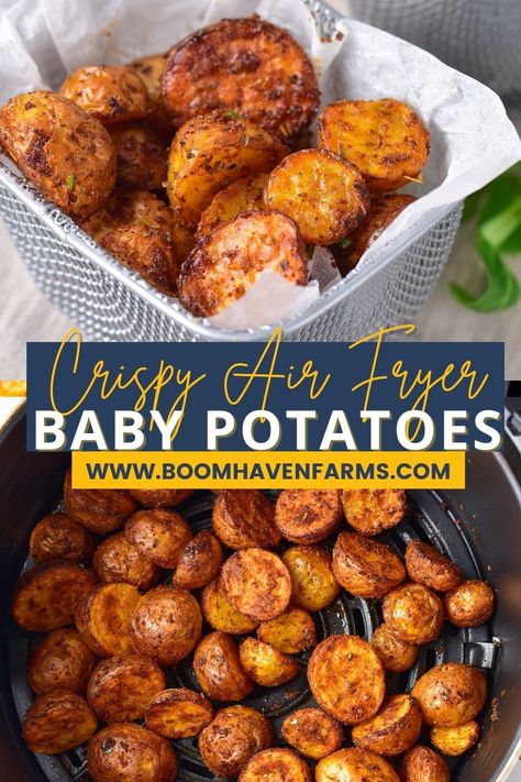 Here's a delicious and healthy recipe for Air Fryer Baby Potatoes! Using olive oil, paprika, garlic, salt, and herbs, these bite-sized potatoes are crispy and flavorful, making them the perfect side dish for any meal. Try this easy recipe today and enjoy a quick and healthy snack. #airfryer #babypotatoes #healthyrecipes #sidedish #easyrecipe Air Fryer Baby Potatoes, Baby Potato Recipes, Actifry Recipes, Healthy Air Fryer, Healthy Potato Recipes, Quick Side Dishes, Potato Snacks, Potato Bites, Air Fryer Dinner Recipes