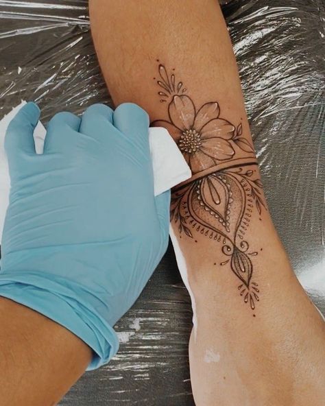 Hand To Forearm Tattoos For Women, Mandala Tattoo Wrist For Women, Boho Wrist Tattoo, Forearm Mandala Tattoo Women, Wrist Forearm Tattoos, Wrist Hand Tattoos For Women, Wrist Mandala Tattoos For Women, Feminine Forearm Tattoos For Women, Small Tattoos Forearm