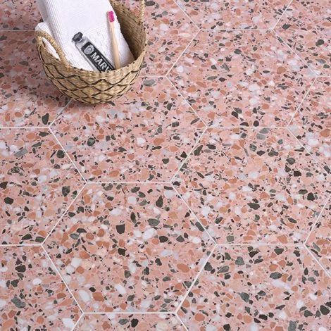 Pisa Porcelain Earth Tiles Pink Terrazzo Floor, Large Hexagon Tile, Porcelain Hexagon Tile, Bathroom Pink, Pink Terrazzo, Terrazzo Floor, Unique Tile, Italian Home, Terrazzo Flooring