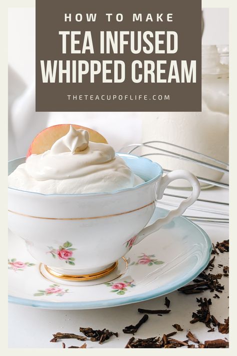 To make this easy tea infused whipped cream recipe you will need 3 simple ingredients -- whipping cream, confectioners' sugar and a tea of your choice. Add a dollop of this light and luxurious homemade whipped cream to desserts and hot drinks for a quick tea infused treat. Desserts With Whipped Cream, Infused Whipped Cream, Whipped Cream Desserts, Flavored Whipped Cream, Whipped Cream Recipe, Tea Latte Recipe, Easy Teas, Make Tea, Delicious Drink Recipes