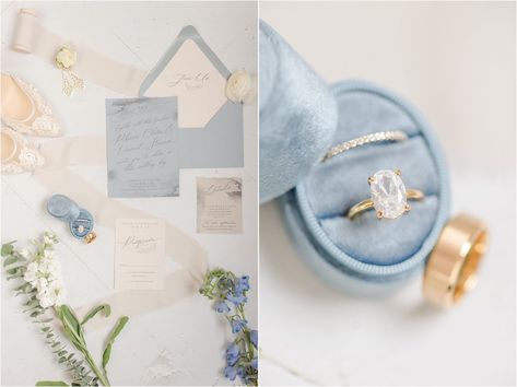 Dusty blue ring box with gold rings and invitation suite Blue Ring Box Wedding, Dusty Blue Wedding Flat Lay, Wedding Ring Box Photography, Obx Wedding, Wedding Ring Pictures, Blue Wedding Rings, Blue Gold Wedding, Bridal Boxes, Gold Wedding Inspiration