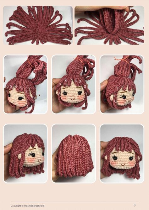 Round Hair For Amigurumi Dolls, How To Crochet Hair For Amigurumi Dolls, Hair For Crochet Dolls, Amigurumi Hair Doll, Crochet Hair For Amigurumi Doll, Amigurumi Doll Hair Tutorial, How To Crochet Doll Hair, Crochet Doll Hair Pattern, Doll Hair Crochet