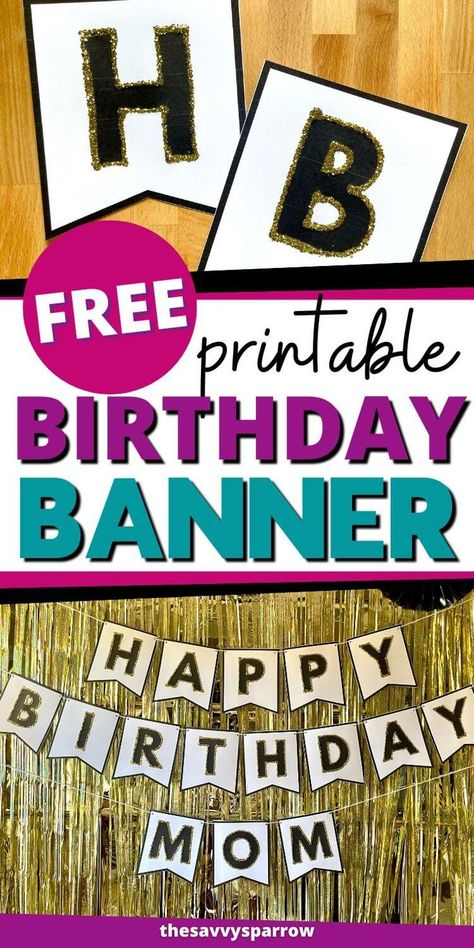 Looking for a free printable birthday banner to go with your black and gold birthday party decorations? Why not make your own DIY happy birthday banner?! This cute glam black and white birthday banner was so easy to make with free printable banner templates and gold glitter! Customize it to say anything you want! Birthday Banner Templates Free Printable, Birthday Banner Svg Free, Diy Happy Birthday Banner, Free Printable Birthday Banner, Birthday Bunting Printable Free, Free Birthday Banner, Letter Banner Printable Free Gold, Happy Birthday Banner Printable Free Black And Gold, Happy Birthday Banner Diy