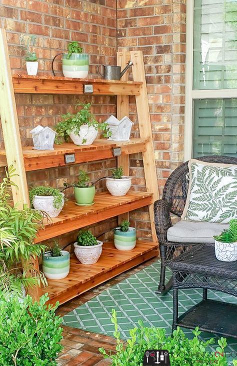 Freestanding Plant Shelf - 100 Things 2 Do Plant Stand For Porch, Plant Stand Porch, Wood Crate Plant Stand, Outdoor Plant Shelves Diy, Outside Plant Stands Diy Projects, Patio Shelf Ideas, Patio Plant Shelves, Porch Plant Shelf, Outside Plant Stands