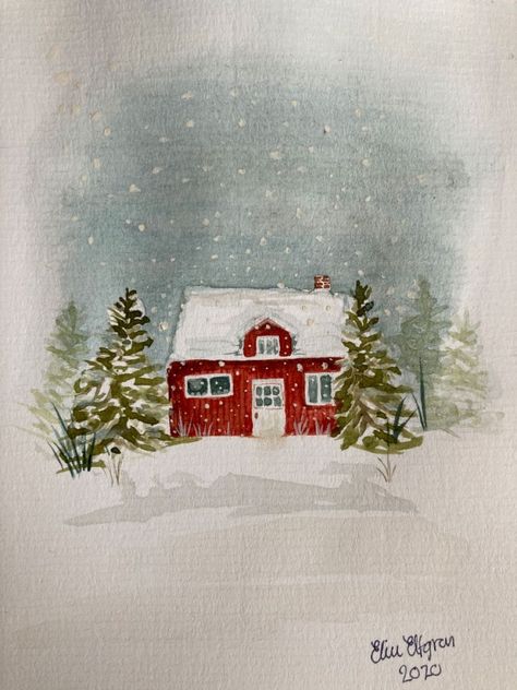 Christmas Cottage Painting, Christmas Drawing House, Vintage Christmas Watercolor, Winter Watercolor Art, Christmas Art Watercolor, Watercolor Paintings Christmas Cards, Painted Christmas Cards Watercolors, Watercolor Paintings Winter, Christmas Cards Watercolor Ideas