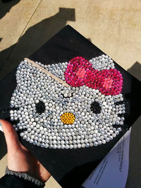 Hello Kitty Graduation Cap, Hello Kitty Graduation, Rhinestone Graduation Cap, Hello Kitty High, Hello Kitty Diy, Graduation Cap Decoration Diy, Grad Hat, Grad Cap Designs, Diy Graduation Cap