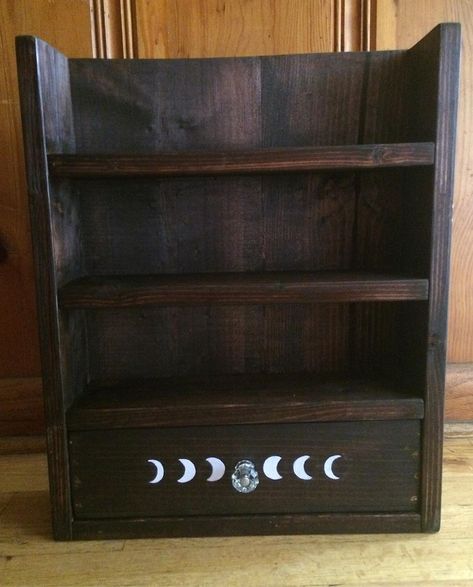 Julia Boyer on Instagram: “Finally finished this custom crystal altar shelf with a drawer! I’m super happy with the finished piece. First time I’ve made one with a…” Altar Bookshelf, Bookshelf Altar, Altar Shelf, Ceramic Altar Shelf, Wood Altar Shelf, Crystal Altar, Super Happy, Handcrafted Artisan Jewelry, Wall Shelves