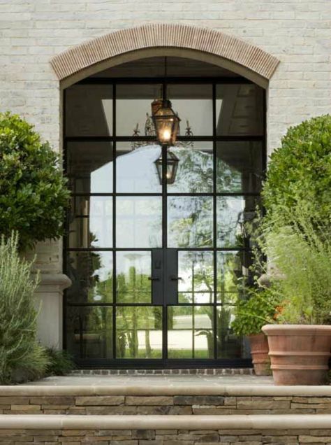 portella entry doors Steel French Doors, Brick Arch, Steel Windows, Casas Coloniales, Pool Design, Design Exterior, Farmhouse Exterior, Front Entrances, French Door