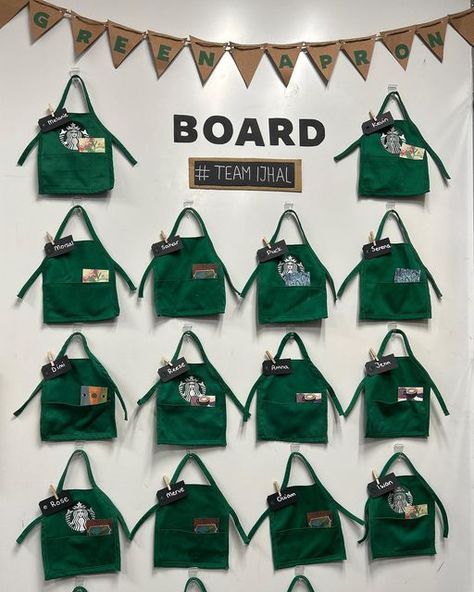 Starbucks Green Apron Board Ideas, Green Apron Board Starbucks, Green Apron Board, Starbucks Pics, Partner Appreciation, Recognition Board, Apron Cards, Starbucks Ideas, Starbucks Apron